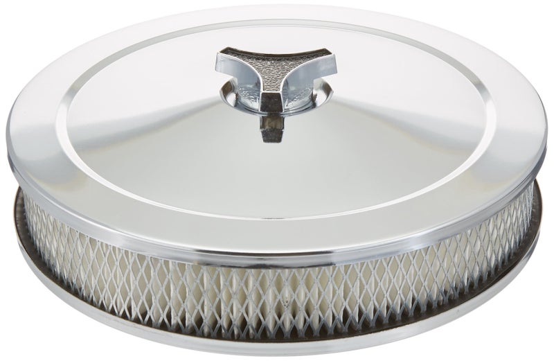 Proform Air Cleaner Assembly, Deluxe, 10 in Round, 2 in Element, 5-1/8 and 4-7/32 in Carb Flange, Dropped Base, Steel, Chrome, Kit - Image 1