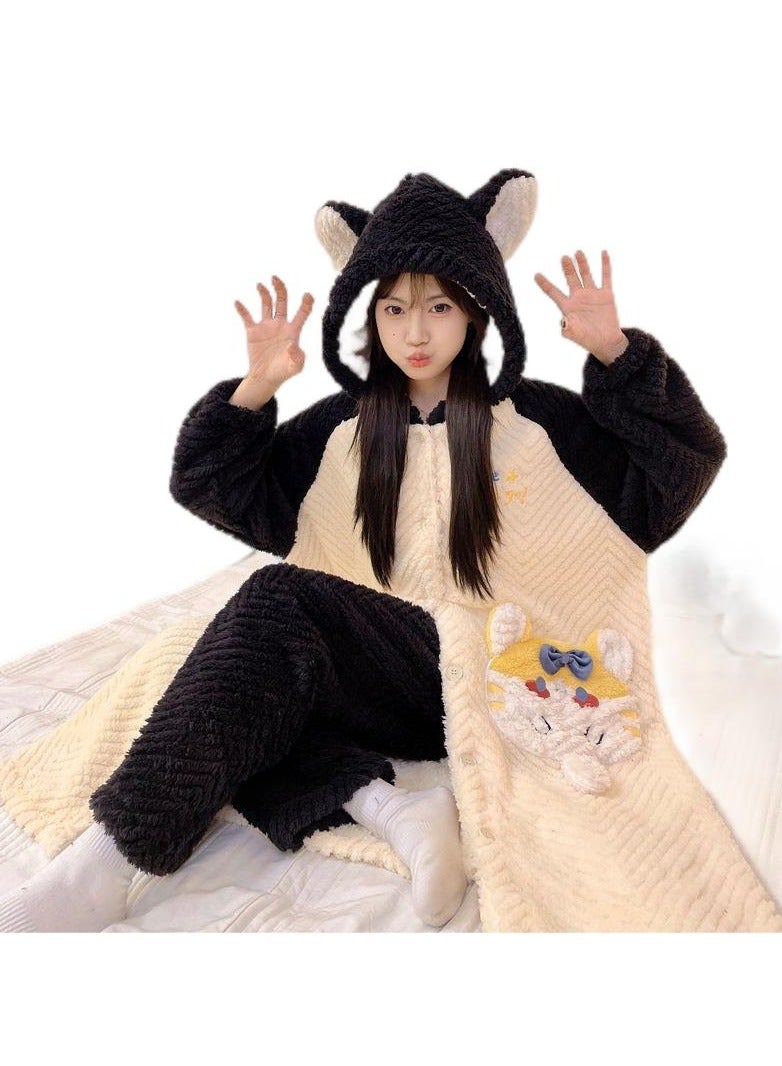 KUYING Winter jacquard large V velvet pajamas with a two-piece hooded set for home wear and pajamas - Image 1