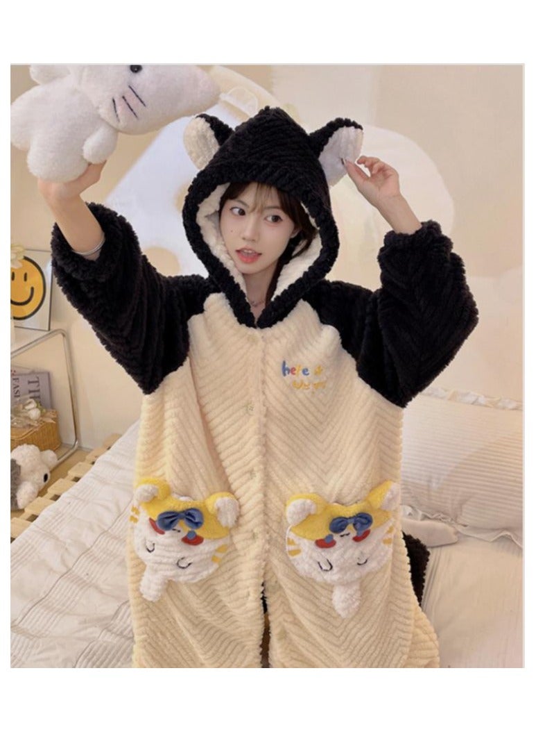 KUYING Winter jacquard large V velvet pajamas with a two-piece hooded set for home wear and pajamas - Image 2