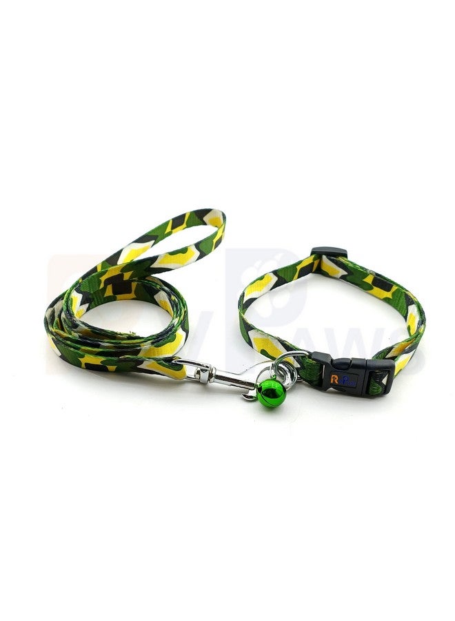 Pet Collar And Leash Printed With Bell, Adjustable Quick Release Buckle And Breathable Collar Set Ideal For Small And Medium Dogs 15 Mm (Green & Yellow) - Image 1