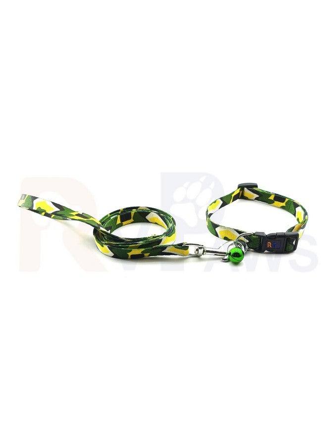 Pet Collar And Leash Printed With Bell, Adjustable Quick Release Buckle And Breathable Collar Set Ideal For Small And Medium Dogs 15 Mm (Green & Yellow) - Image 2