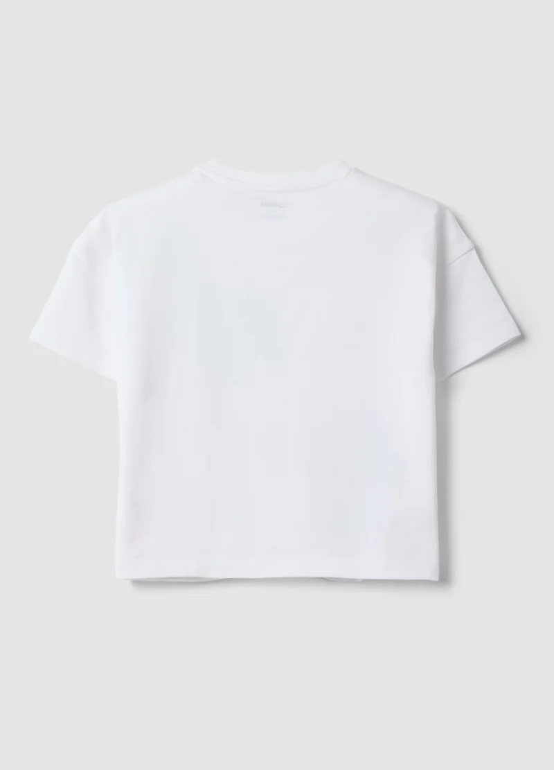 او في اس OVS Girls' White Stretch Cotton T-Shirt Regular Fit