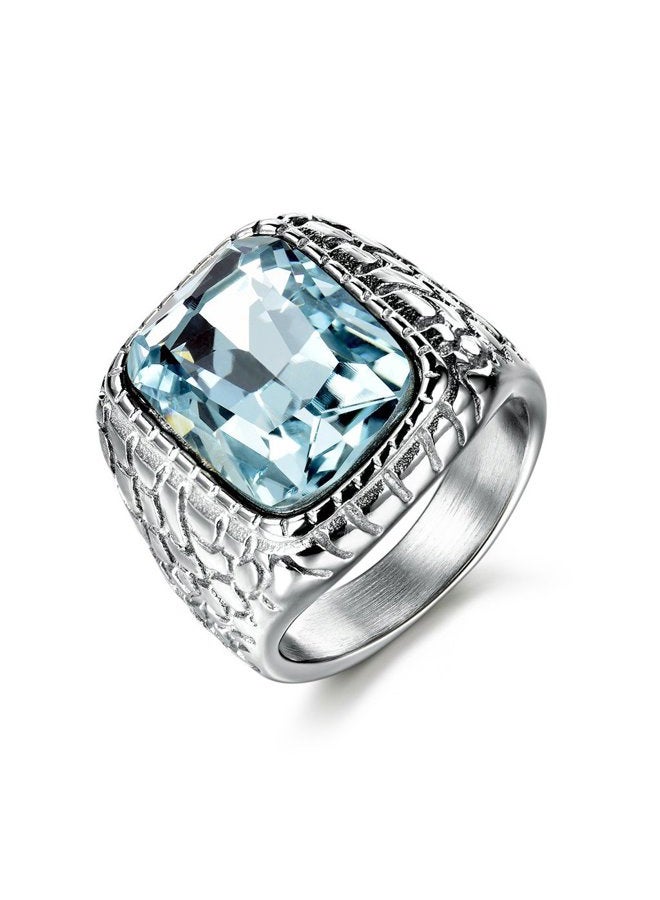 Anti Allergy 316L Stainless Steel Ring Man Synthetic Aquamarine Crystal Engagement Wedding Jewelry