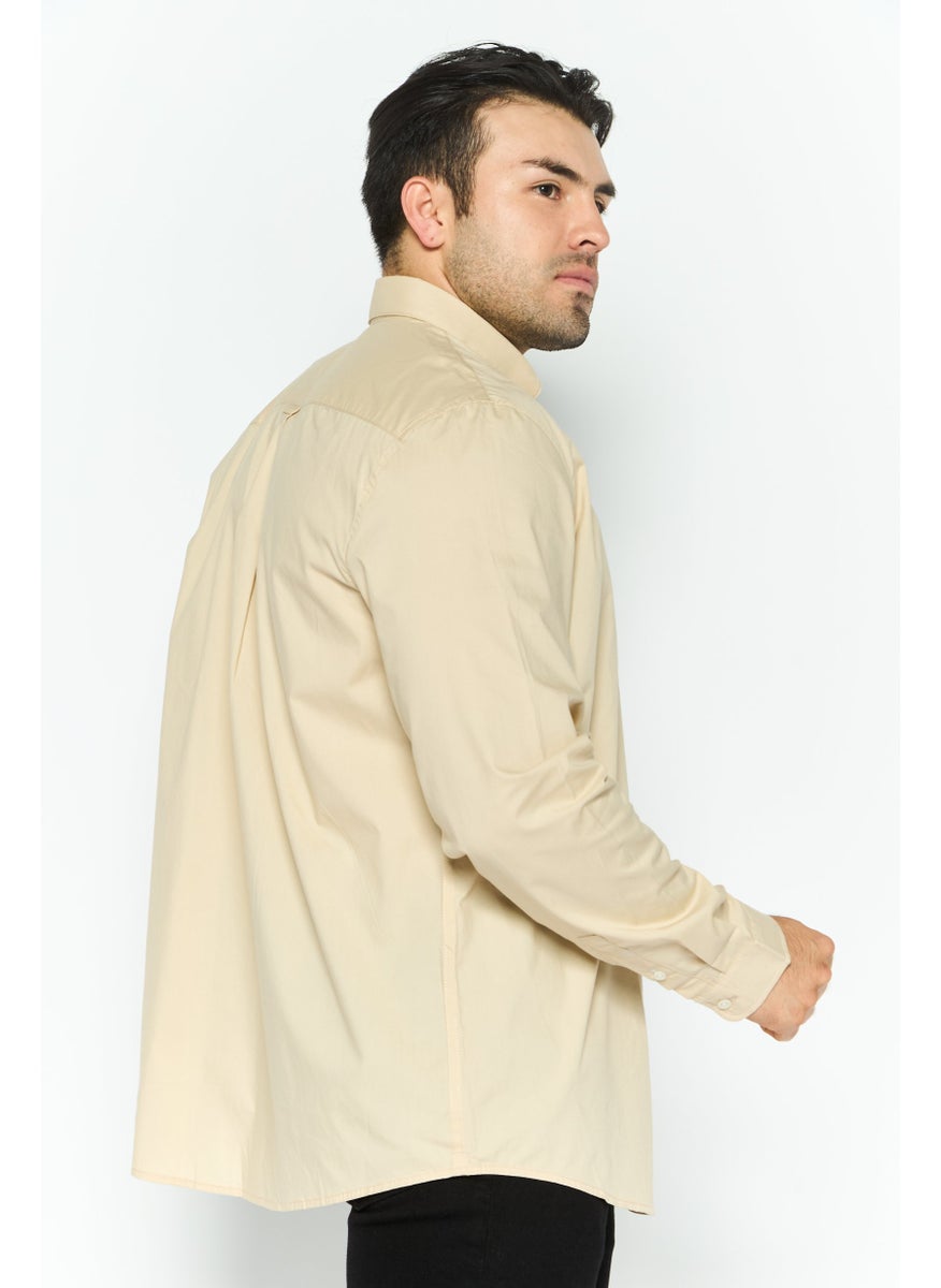 ESPRIT - Men Regular Fit Embroidered Long Sleeves Casual Shirt, Beige - Image 1