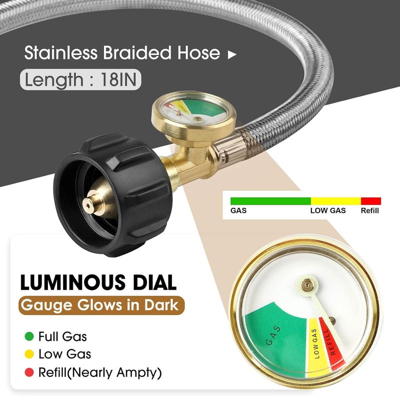 NQN 2-Stage Automatic Changeover LP Propane Gas Regulator with Two 18" RV Pigtail Propane Hoses with Gauge, Stainless Braided QCC1 1/4" Inverted Male Flare, Ideal for Trailers and Camper RVs - Image 5