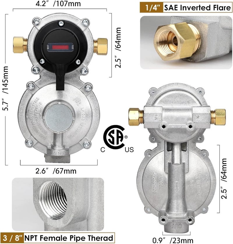 NQN 2-Stage Automatic Changeover LP Propane Gas Regulator with Two 18" RV Pigtail Propane Hoses with Gauge, Stainless Braided QCC1 1/4" Inverted Male Flare, Ideal for Trailers and Camper RVs - Image 2