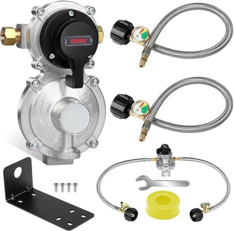 NQN 2-Stage Automatic Changeover LP Propane Gas Regulator with Two 18" RV Pigtail Propane Hoses with Gauge, Stainless Braided QCC1 1/4" Inverted Male Flare, Ideal for Trailers and Camper RVs - Image 1
