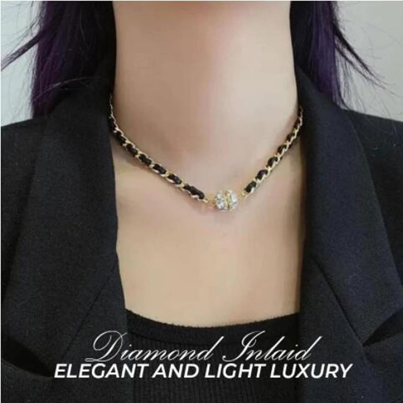 woobles Leather Necklace Braided Magnetic Clasp Black Rope 15.7\u201c Mens Womens Rhinestone (1PC) - Image 2