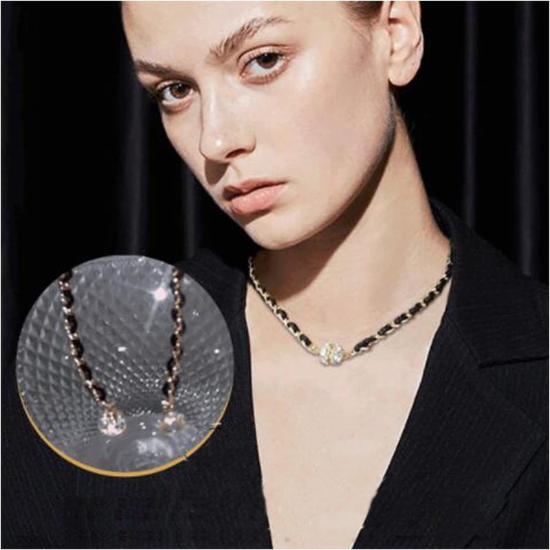 woobles Leather Necklace Braided Magnetic Clasp Black Rope 15.7\u201c Mens Womens Rhinestone (1PC) - Image 1