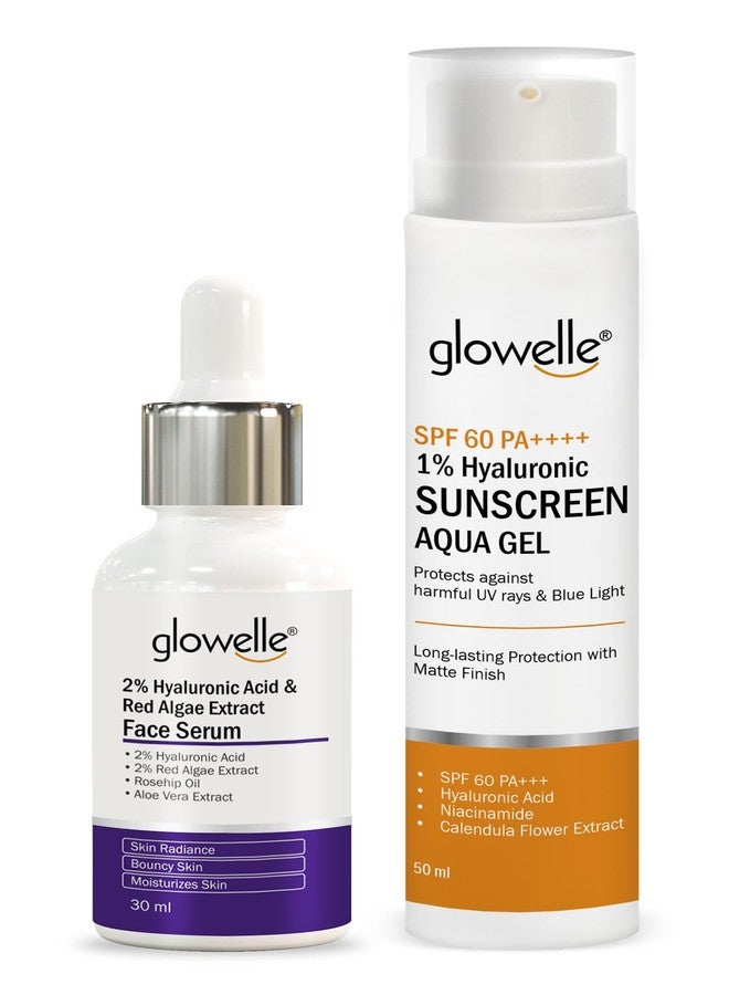 Glowelle سيروم الوجه من غلوويل بحمض الهيالورونيك بنسبة 2% ومستخلص الطحالب الحمراء لبشرة نضرة - 30 مل، وجل واقي من الشمس بحمض الهيالورونيك بنسبة 1% مع عامل حماية من الشمس 60 PA+ بلمسة نهائية مطفية، ومغذي للبشرة الدهنية - 50 مل - Image 1