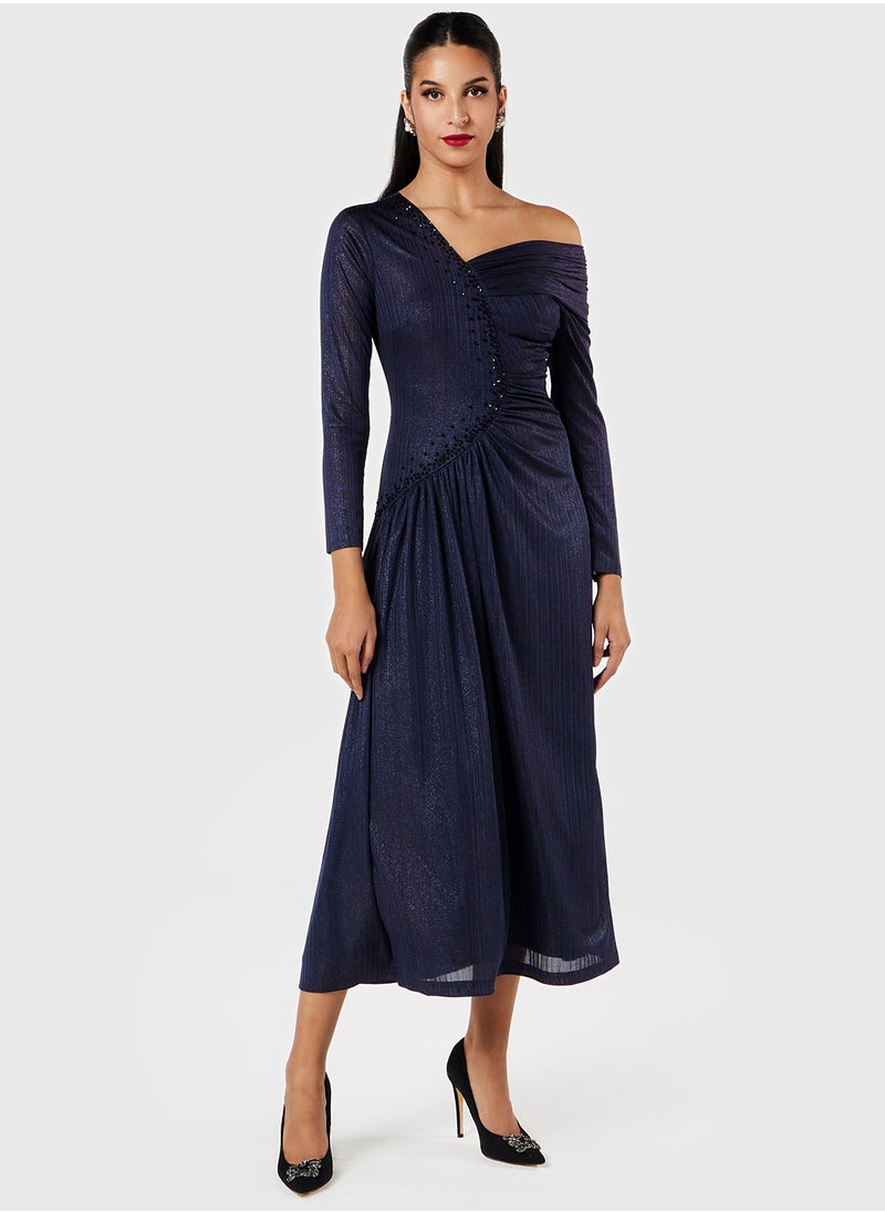 Threadz by Ajooni - Embellished Asymmetric Neck Gathered Dress - Image 1