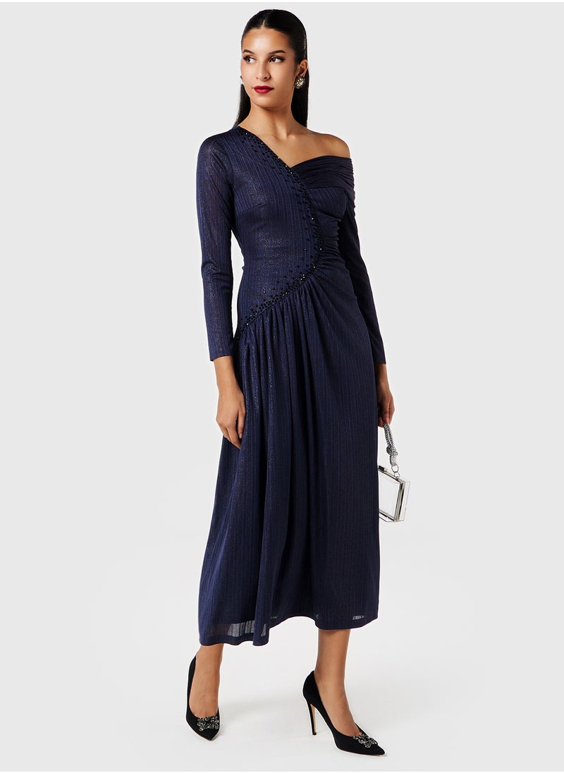 Threadz by Ajooni - Embellished Asymmetric Neck Gathered Dress - Image 1