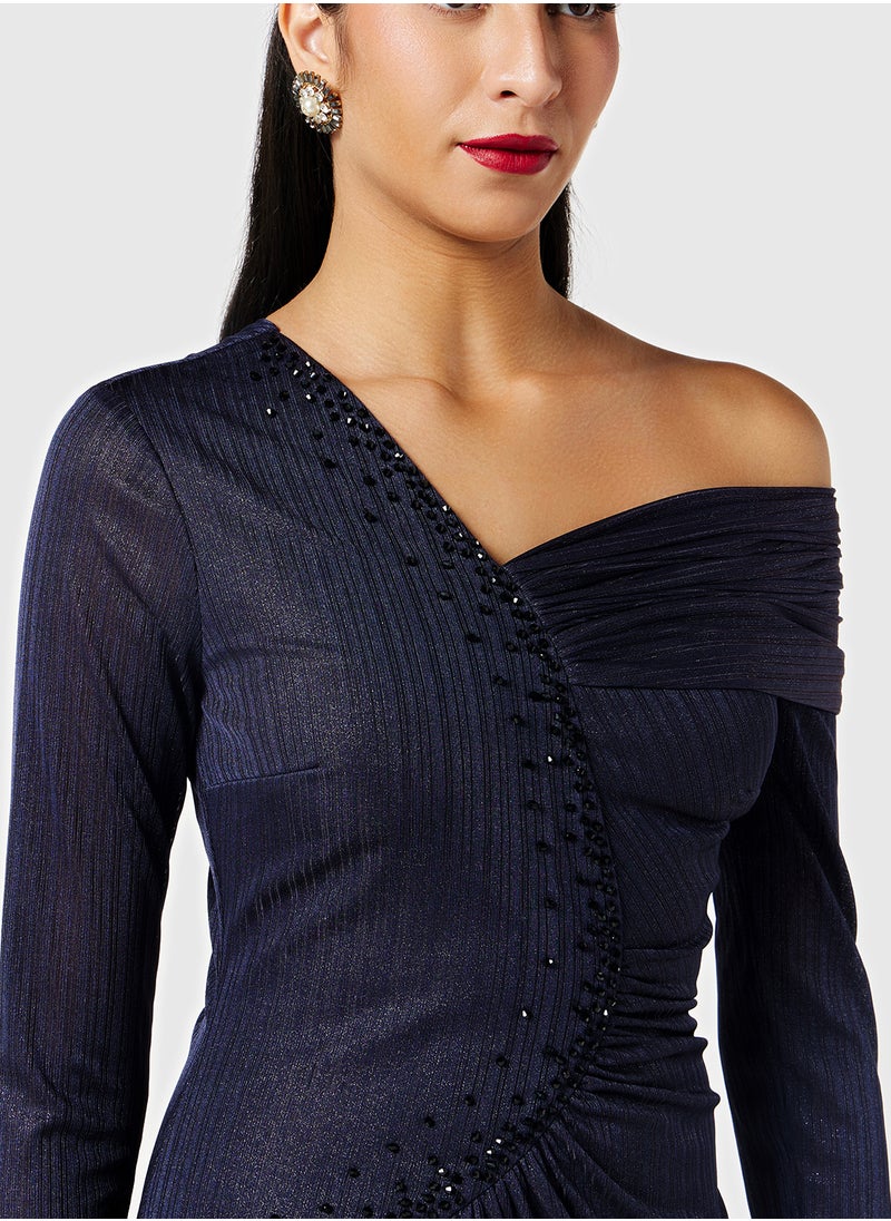 Threadz by Ajooni - Embellished Asymmetric Neck Gathered Dress - Image 1