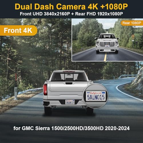 FITCAMX كاميرا داش فيت كام إكس مزدوجة 4K+1080P تناسب جي إم سي سييرا 2020-2024 (HD2-4925) 1500 2500HD 3500HD، مظهر OEM، فيديو HD ثنائي الاتجاه، واي فاي وتطبيق، تسجيل متكرر، حساس G، سهل الاستخدام، تحتوي على كابلين، بطاقة 128GB - Image 3
