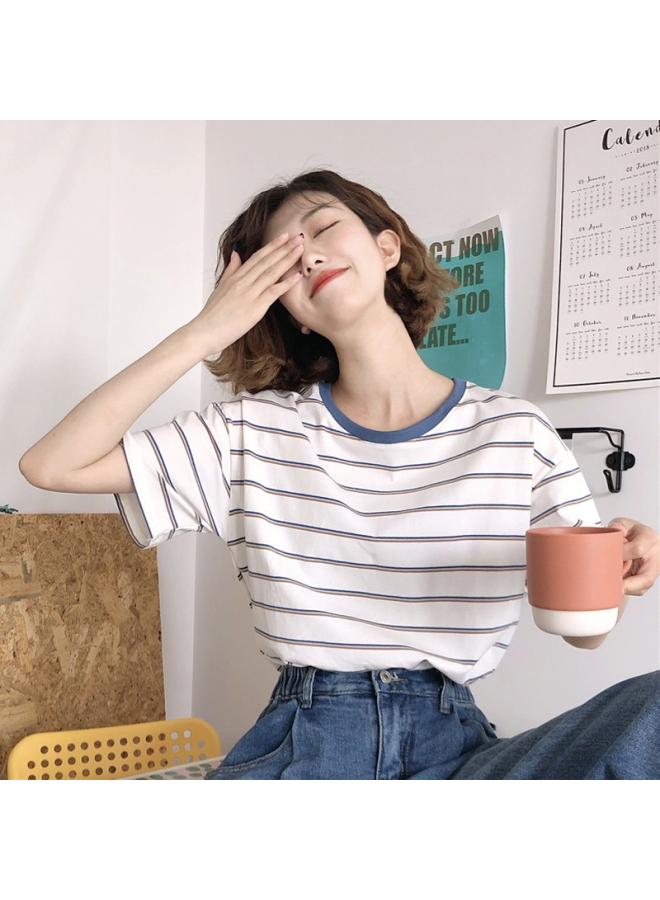 Hong Kong Flavor 202 Summer Women's Fashion A Generation Of Hair Student Striped Simple Jacket Of Short Sleeve T-shirt Women