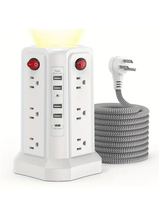 White Night Light Surge Protector Power Strip 12 Outlets 5 USB Ports Auto Shutoff Overload Protection 8 8ft - Image 1