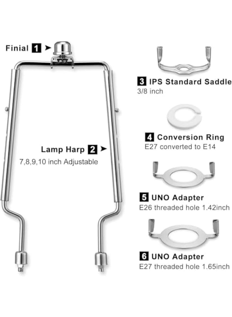 Luckam Adjustable Lamp Harp Kit with Hardware Parts,7-10 Inch Lamp Shade Holder,Includes Harp Frame,Finials,Standard Saddle,UNO Fitter Adapter for E14 E26 E27 Light Bases,Durable Lamp Accessories (Silver) - Image 5