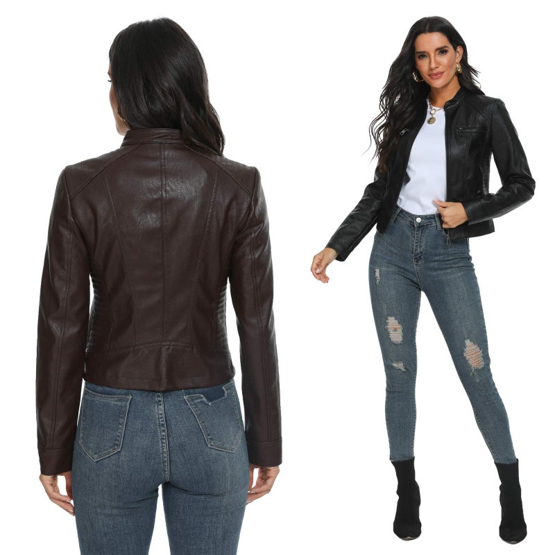 Fahsyee Faux Leather Jacket for Women, Moto Biker Slim Vegan MotorcycleZipper Coat Outwear, Black, Size XXL - Image 3