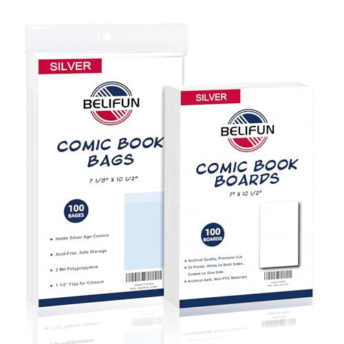 belifun 100ct SilverAge ComicBookBags and Boards Reusable Comic Book Boards and Bags for Comic Book Storage 1 12 Flap Comic Bags and Backing Boards Clear Protector and Protection Board Cardboards - Image 1