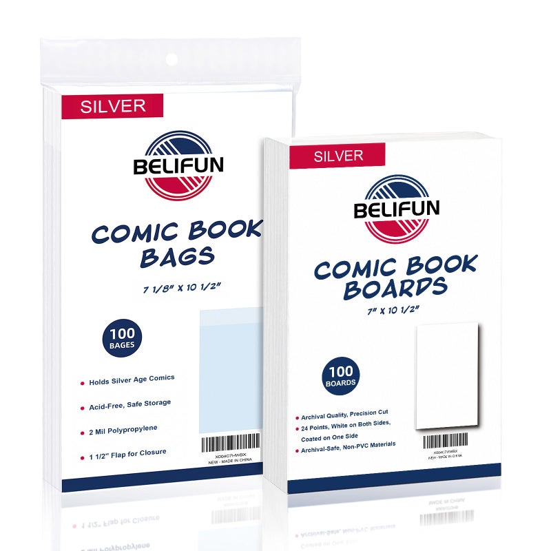 belifun 100ct SilverAge ComicBookBags and Boards Reusable Comic Book Boards and Bags for Comic Book Storage 1 12 Flap Comic Bags and Backing Boards Clear Protector and Protection Board Cardboards - Image 2