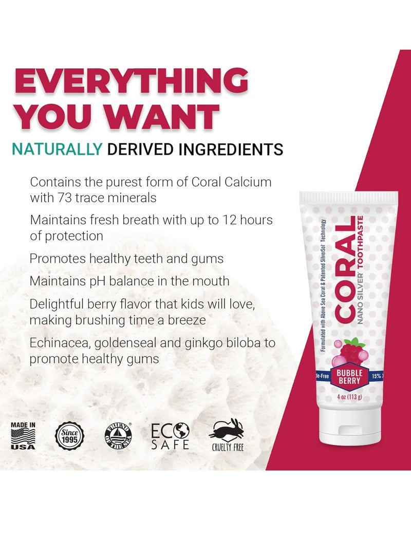 Coral White Coral Nano Silver Bubble Berry Kids Toothpaste, Natural Fluoride Free Teeth Whitening Toothpaste, Coral Calcium Nano Silver Infused SLS Free - 4 Ounces - Image 3