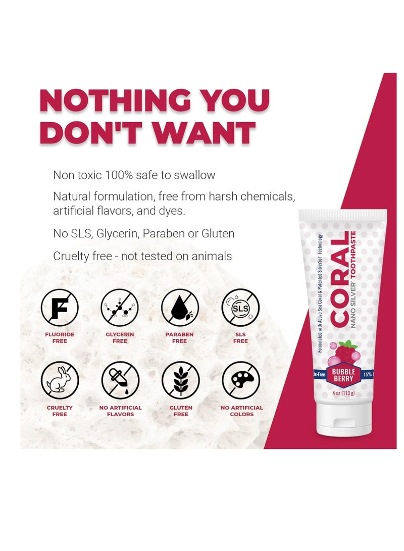 Coral White Coral Nano Silver Bubble Berry Kids Toothpaste, Natural Fluoride Free Teeth Whitening Toothpaste, Coral Calcium Nano Silver Infused SLS Free - 4 Ounces - Image 2