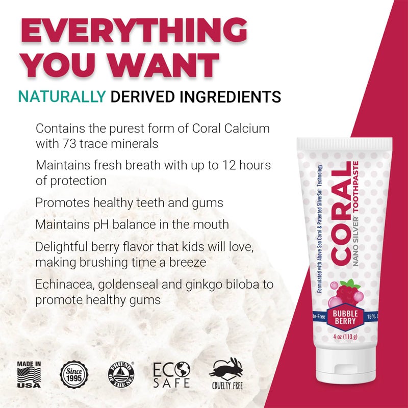 Coral معجون أسنان كورال نانو فضة فقاعة التوت للأطفال، معجون تبييض الأسنان الطبيعي خالي من الفلورايد، معجون أسنان مضاف إليه كربونات الكالسيوم نانو فضة خالي من SLS - 4 أونصات - Image 2