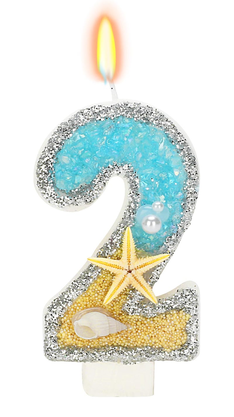ElekFX 2nd Birthday Candle for Cake Beach Starfish Sequins Candles 276 inch Cake Topper Decoration for Birthday Party Number 2