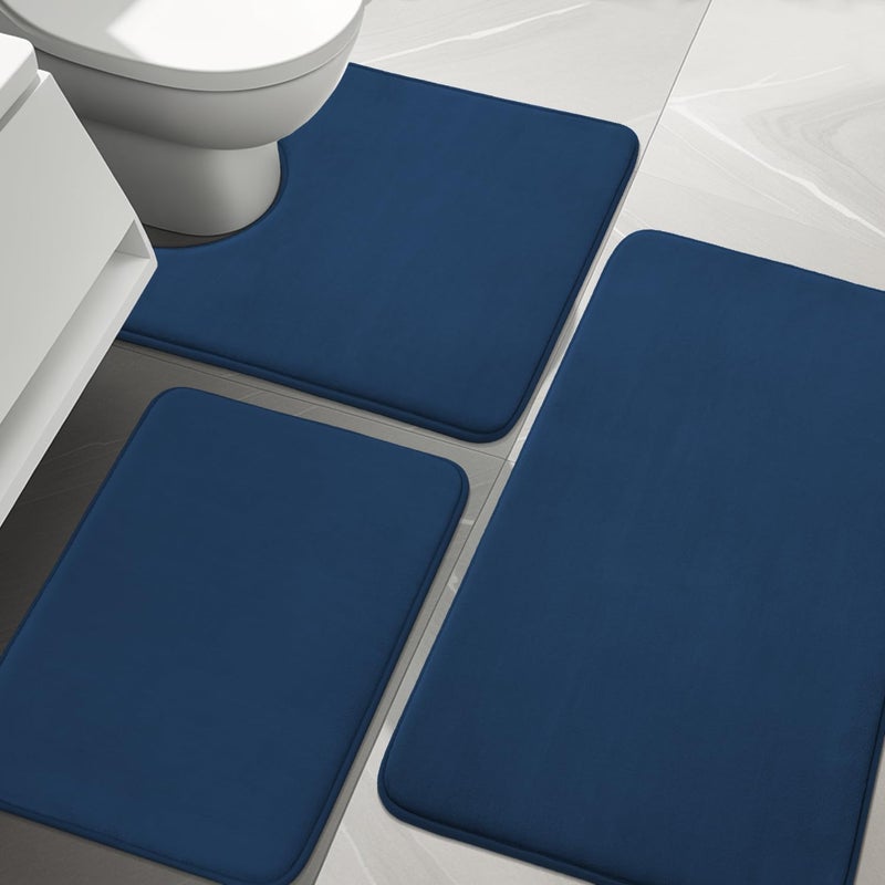YIHOUSE Bathroom Rug Sets 3 Piece, Memory Foam Bath Mat, Non Slip Super Absorbent Soft Bathroom Mats, Machine Washable Bathroom Floor Mats Sets for Sink,Tub, Shower and Toilet,Dark Blue - Image 1
