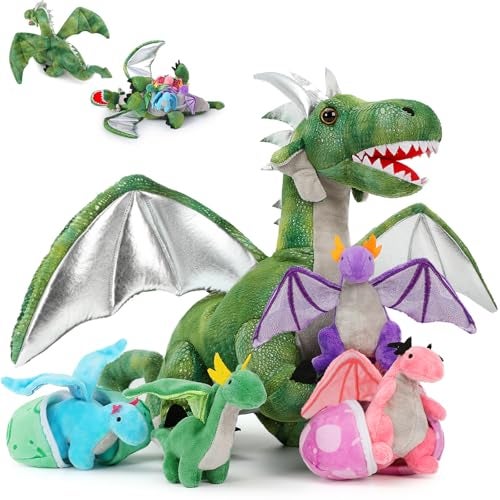 MorisMos 7PCS Green Dragon Stuffed Animal Set 21 inch Big Mommy Stuffed Dragon Plush Toy with 4 Baby Dragons and 2 Eggs Inside Stuffed Dinosaur Toy Gift for Kids Boys Christmas Birthday - Image 1