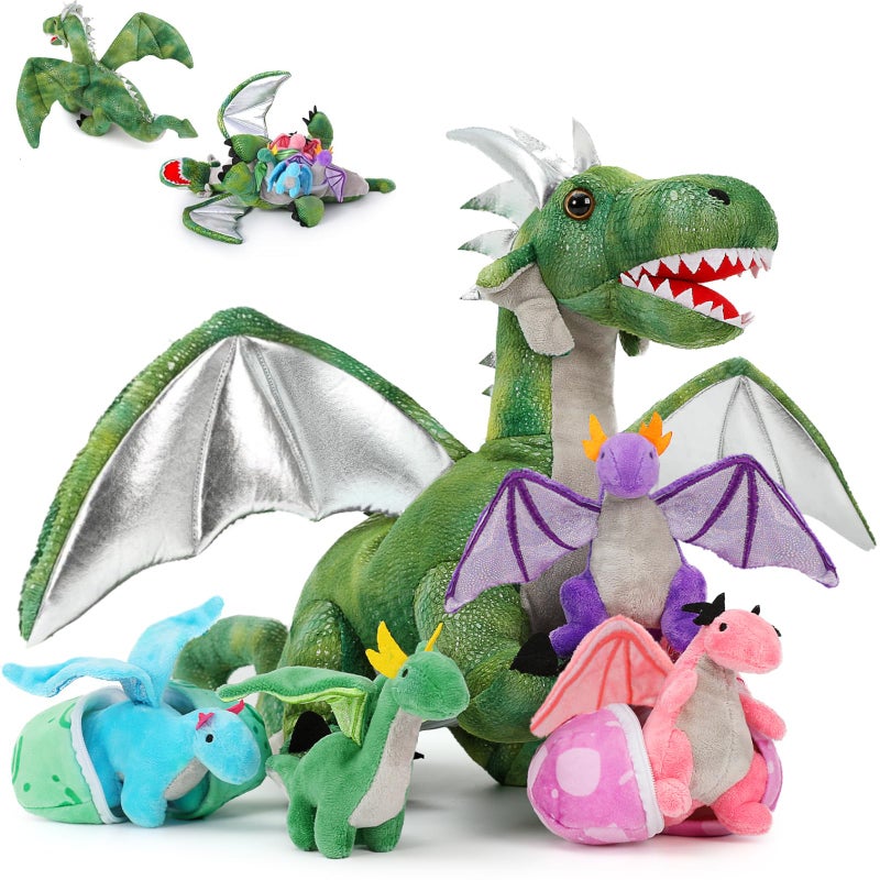 MorisMos 7PCS Green Dragon Stuffed Animal Set 21 inch Big Mommy Stuffed Dragon Plush Toy with 4 Baby Dragons and 2 Eggs Inside Stuffed Dinosaur Toy Gift for Kids Boys Christmas Birthday - Image 3