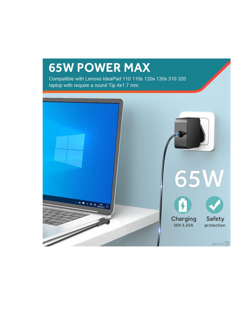 Terabyte 65W AC Adapter Charger for Lenovo IdeaPad 330 330s 320 310 100 110 110S 120 120S 510 S340 S145 710S, Flex 3 4 5 6 Laptop 4.0 * 1.7 mm Round Tip Power Supply Cord(DL65200325) - Image 3