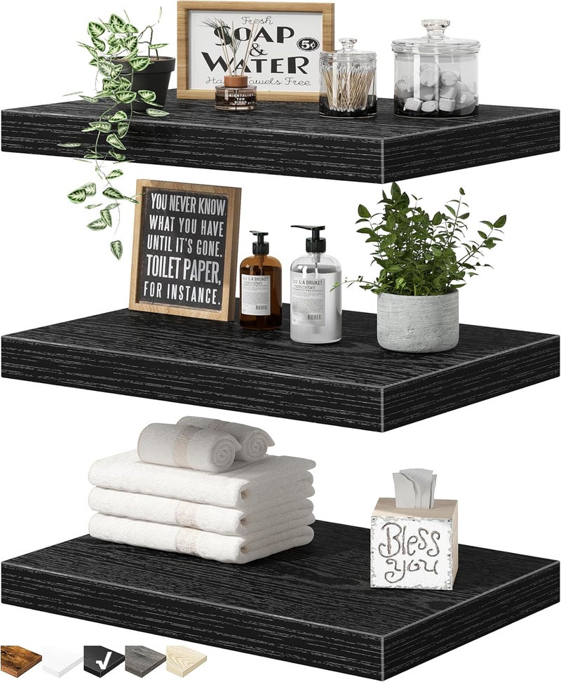 QEEIG 10" Deep Floating Shelves for Wall - 10 x 16 inch Book Shelf Bathroom Bedroom Kitchen Living Room Hanging Bookshelf Farmhouse Set of 3, Black (025-40B3) - Image 1