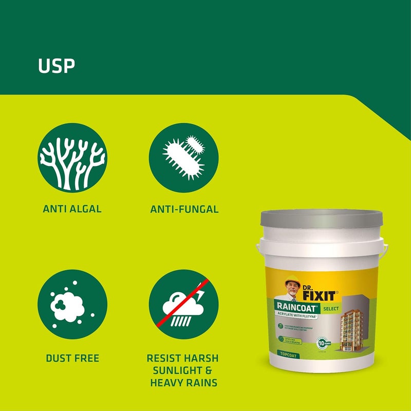 Dr. Fixit معطف المطر سلكت أبيض، عزل جدران خارجي، طلاء، 1000+ ظل فريد، بدون تخفيف، 1 لتر، تطبيق طبقة واحدة، مرن، 10 سنوات عزل مائي، طبقة علوية، فرشاة - Image 4