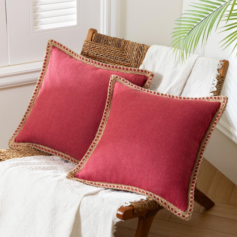 Phantoscope Pack of 2 Farmhouse Decorative Solid Throw Decorative Pillow Cover Burlap Linen Pillow Covers Trimmed Tailored Edges Red 18 x 18 inches 45 x 45 cm - Image 1
