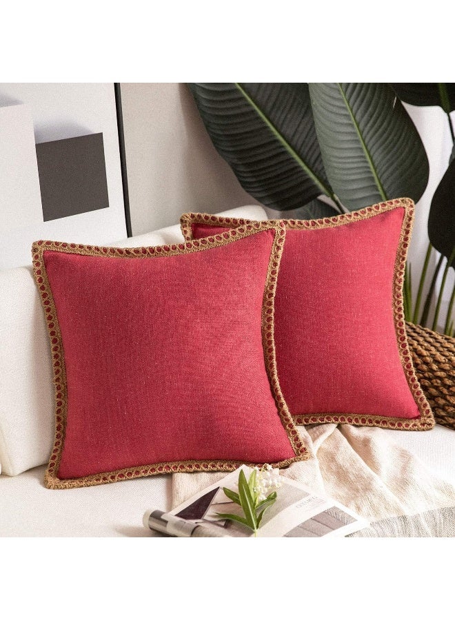 Phantoscope Pack of 2 Farmhouse Decorative Solid Throw Decorative Pillow Cover Burlap Linen Pillow Covers Trimmed Tailored Edges Red 18 x 18 inches 45 x 45 cm - Image 4