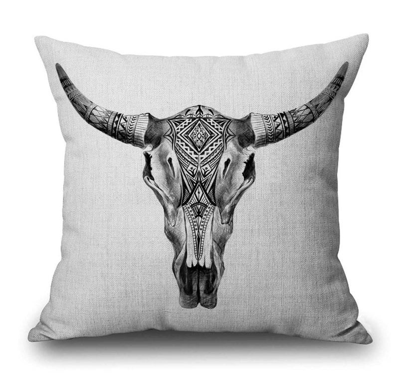 Longhorn Skull Cow Tribal Western Animals Farmhouse Pillow Cover Cotton Linen Decorative Square Throw Pillow Cover 18x18 Inch for Sofa Couch Decoration