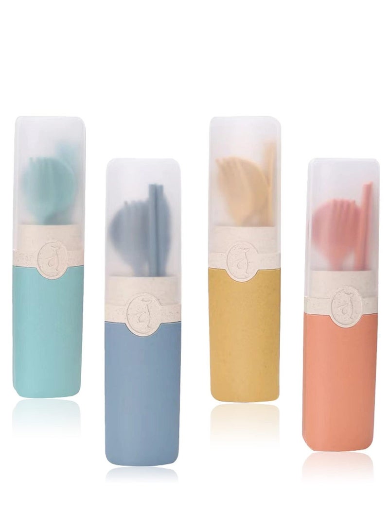 Wheat Straw Cutlery,4 Sets Portable Cutlery Spoon Knife Fork Tableware Set,Reusable Travel Flatware Set with Case for Kids Adults School Camping Family Daily Use(4 Colors) - Image 1