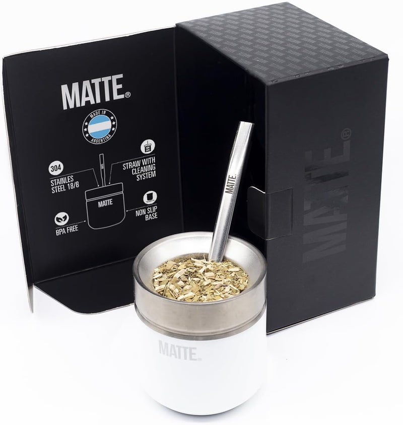 Matte 6.5 oz Yerba Mate Gourd and Bombilla Set - Includes DS Pro Box - BPA Free Yerba Mate Set Kit with Mate Straw, Elegant Design, Non-Slip Base (White) - Image 1