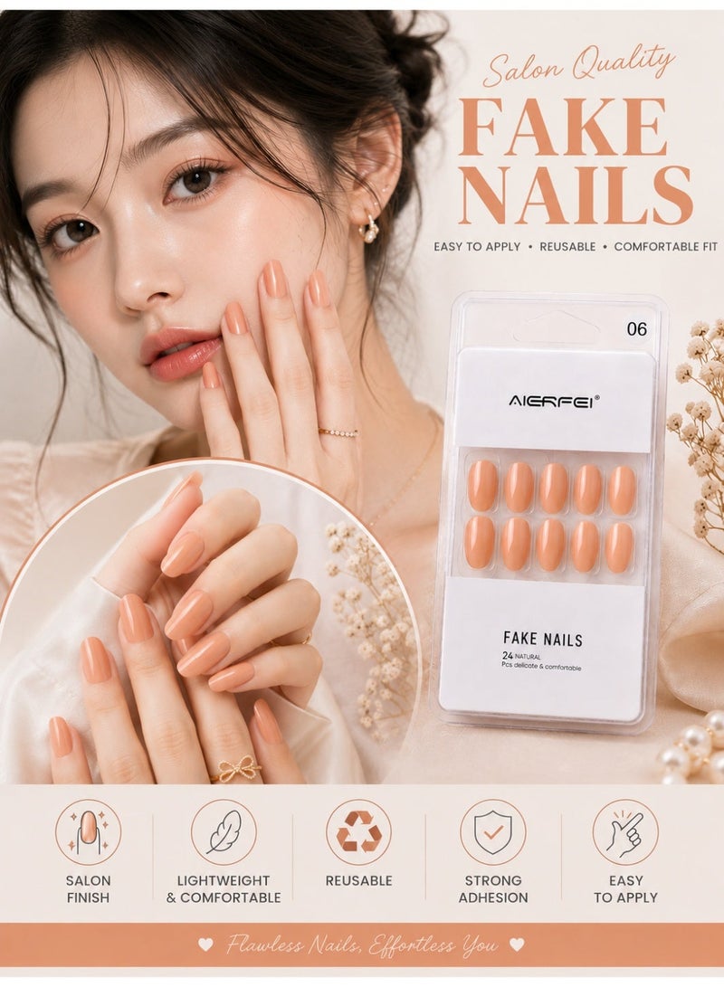 AIERFEI Premium Peach Nude Glossy Press On Nails – 24 Pcs Reusable Fake Nails Set for Women, Short Oval Full Cover Artificial Nails with Comfortable Fit for Daily Wear & Parties - Image 4