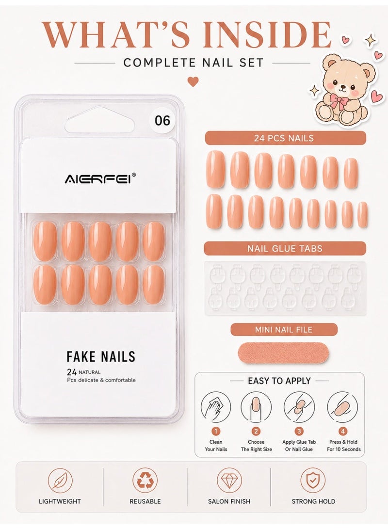 AIERFEI Premium Peach Nude Glossy Press On Nails – 24 Pcs Reusable Fake Nails Set for Women, Short Oval Full Cover Artificial Nails with Comfortable Fit for Daily Wear & Parties - Image 5