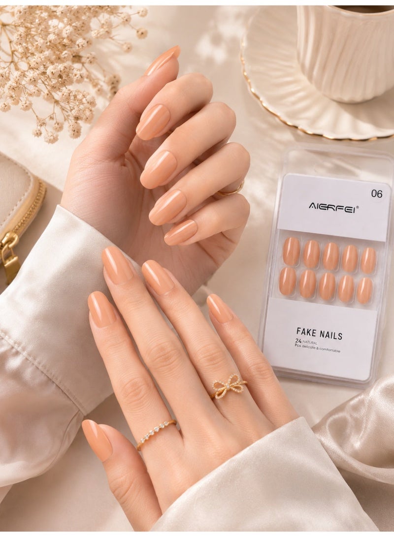 AIERFEI Premium Peach Nude Glossy Press On Nails – 24 Pcs Reusable Fake Nails Set for Women, Short Oval Full Cover Artificial Nails with Comfortable Fit for Daily Wear & Parties - Image 1