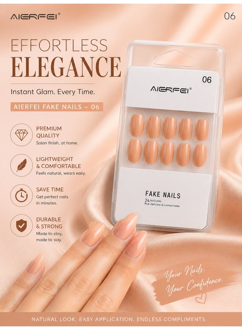 AIERFEI Premium Peach Nude Glossy Press On Nails – 24 Pcs Reusable Fake Nails Set for Women, Short Oval Full Cover Artificial Nails with Comfortable Fit for Daily Wear & Parties - Image 2