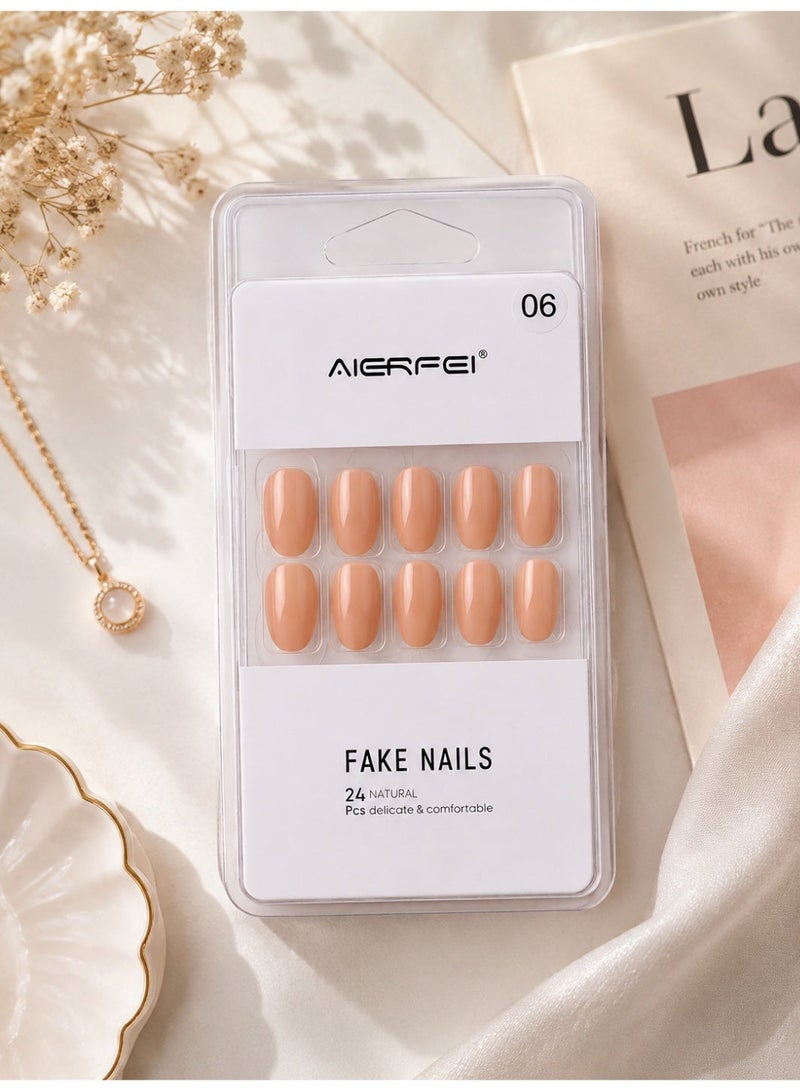 AIERFEI Premium Peach Nude Glossy Press On Nails – 24 Pcs Reusable Fake Nails Set for Women, Short Oval Full Cover Artificial Nails with Comfortable Fit for Daily Wear & Parties - Image 3