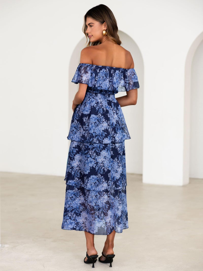 Simplee Women's 2026 Spring Summer Wedding Guest Dress A Line Off The Shoulder Floral Print Chiffon Tiered Flowy Maxi Dresses(Navy L) - Image 3
