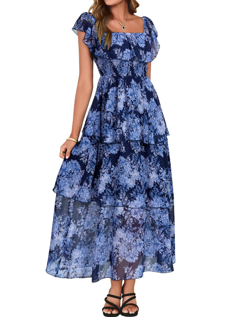 Simplee Women's 2026 Spring Summer Wedding Guest Dress A Line Off The Shoulder Floral Print Chiffon Tiered Flowy Maxi Dresses(Navy L) - Image 1