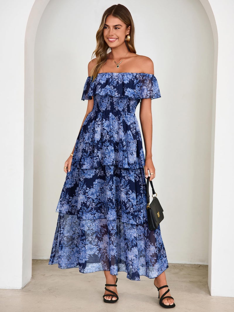 Simplee Women's 2026 Spring Summer Wedding Guest Dress A Line Off The Shoulder Floral Print Chiffon Tiered Flowy Maxi Dresses(Navy L) - Image 5