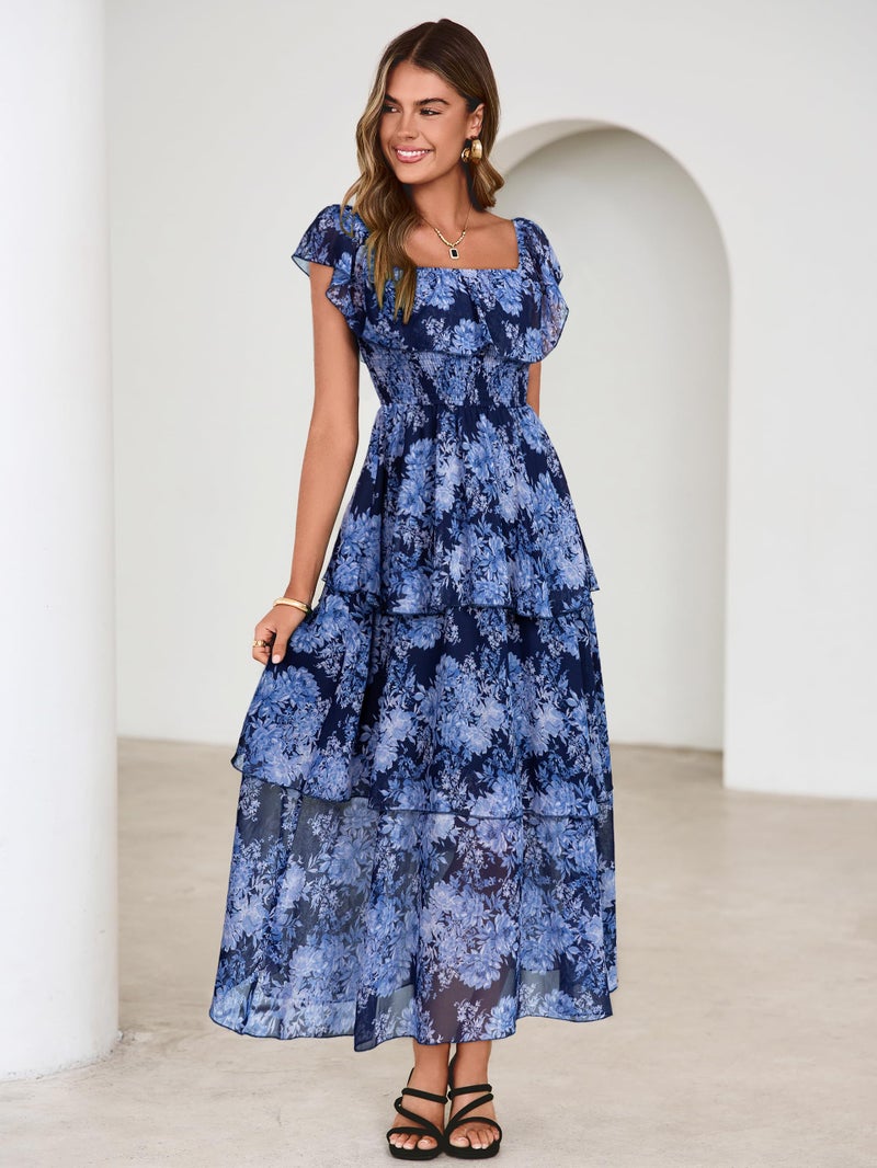 Simplee Women's 2026 Spring Summer Wedding Guest Dress A Line Off The Shoulder Floral Print Chiffon Tiered Flowy Maxi Dresses(Navy L) - Image 4