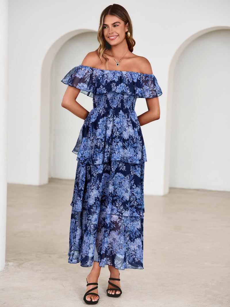 Simplee Women's 2026 Spring Summer Wedding Guest Dress A Line Off The Shoulder Floral Print Chiffon Tiered Flowy Maxi Dresses(Navy L) - Image 2