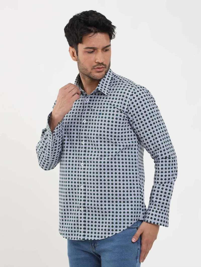 دوفي Green Men's Slim Fit Polka Dot Brent Button Collar Long Sleeve Shirt - 104339